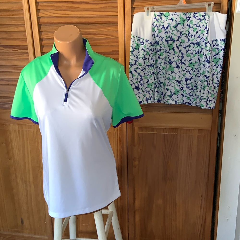 PGA Tour golf outfit size large green navy white floral skort colorblock zip top